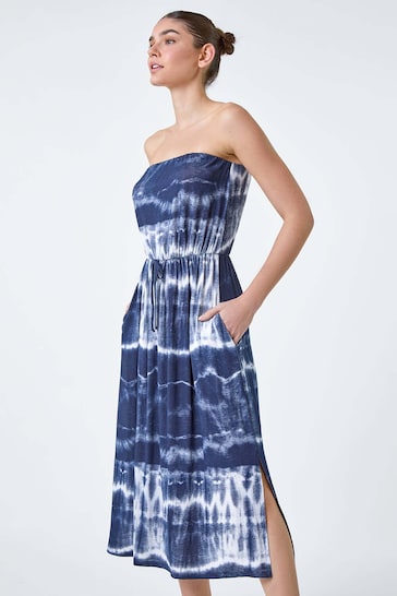 Roman Blue Tie Dye Stretch Bandeau Midi Dress