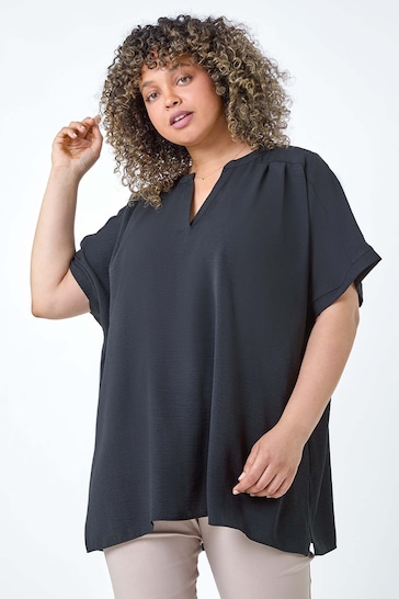 Roman Black Linen Look Longline Top