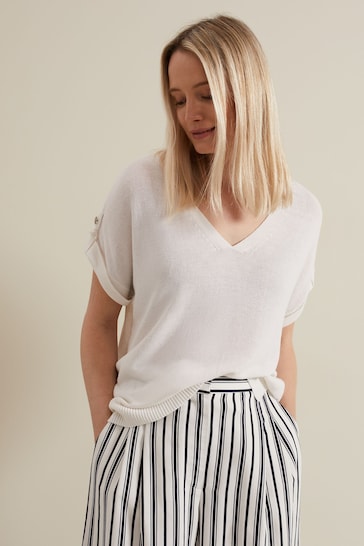 Phase Eight White Linen Laura Button Tab Top