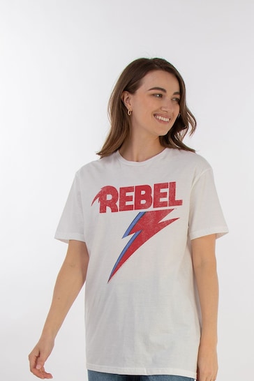 Brands In White David Bowie Distressed Rebel Womens Boyfriend Fit Music T-Shirt