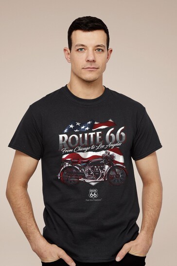 All + Every Black Route 66 US Flag & Motorcycle Mens T-Shirt
