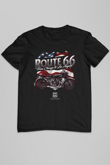 All + Every Black Route 66 US Flag & Motorcycle Mens T-Shirt