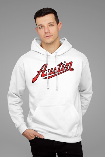 All + Every White Austin Logo British Motor Heritage Mens Hooded Sweatshirt