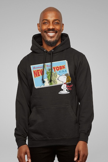 All + Every Black Peanuts Snoopy New York Postcard Design Mens Hooded Sweatshirt