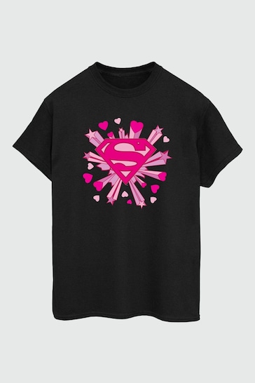 Brands In Black Superman Pink Hearts & Stars Logo Womens Boyfriend Fit T-Shirt