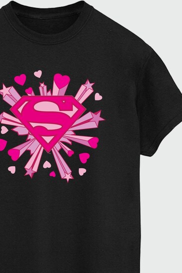 Brands In Black Superman Pink Hearts & Stars Logo Womens Boyfriend Fit T-Shirt