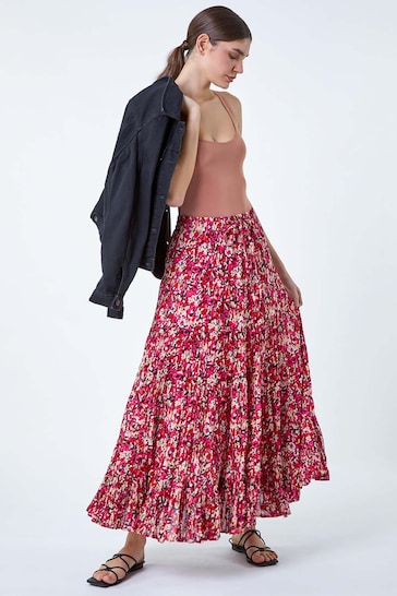 Roman Pink Floral Crinkle Cotton Tiered Maxi Skirt