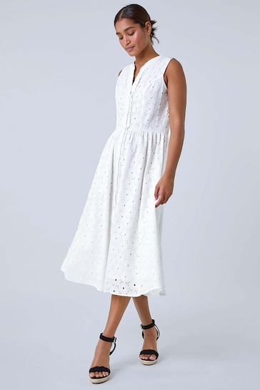 Roman White Floral Cotton Broderie Midi Dress