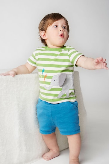 Frugi Green Elephant Outfit Striped Top and Shorts Set