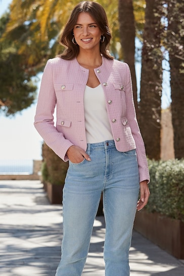Sosandar Pink Boucle Jacket With Gold Buttons