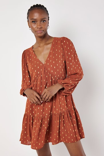 Apricot Red Enchanted Puff Sleeve V-Neck Dress