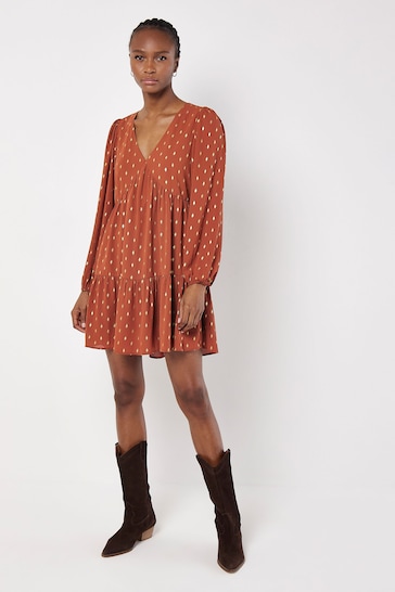 Apricot Red Enchanted Puff Sleeve V-Neck Dress