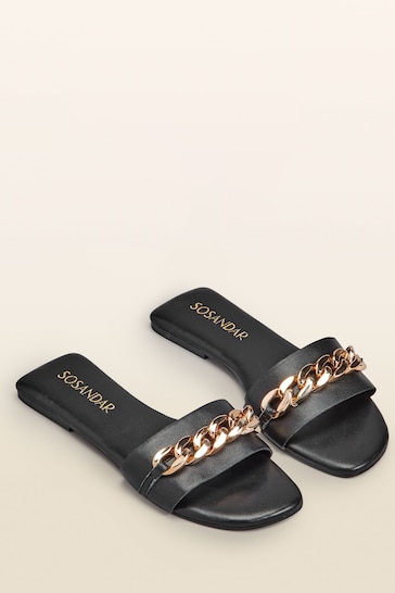 Sosandar Black Paradiso Chain Detail Flat Leather Mules Sandals