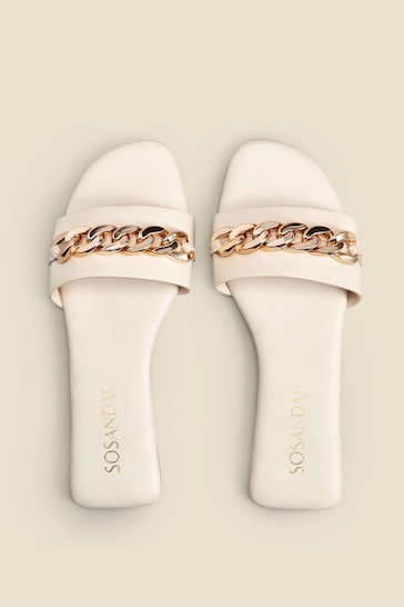 Sosandar Cream Paradiso Chain Detail Flat Leather Mules Sandals