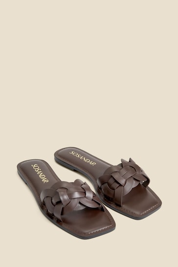 Sosandar Brown Leather Woven Strap Sandals