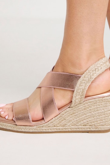 Simply Be Rose Gold Elastic Crossover Espadrille Wedge Sandals In Extra Wide Fit