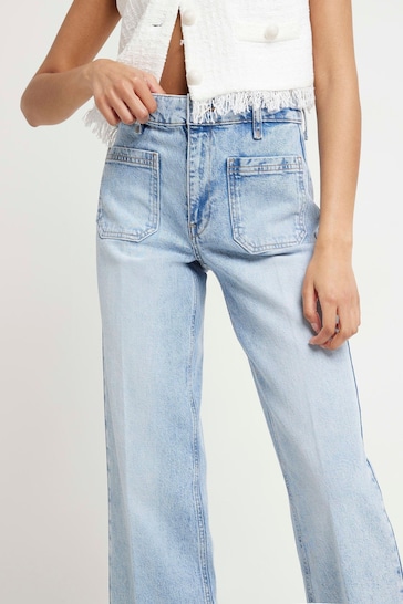 River Island Blue High Rise Pocket Front Wide Leg Jeans