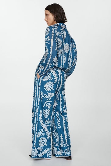 Mango Blue Wide Leg Printed Trousers