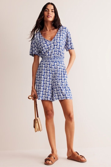 Boden Blue Smocked Jersey Pineapple Playsuit