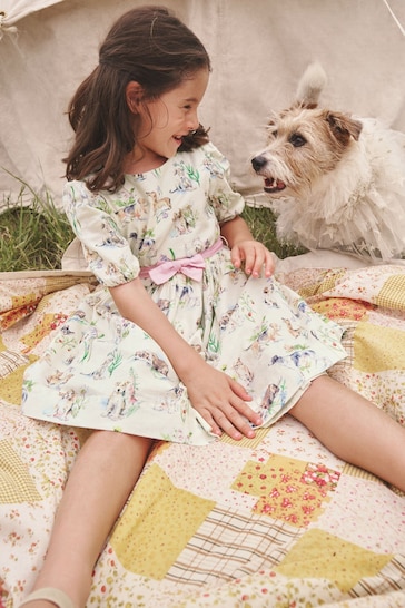 Boden Cream Cotton Linen Puppies Vintage Dress