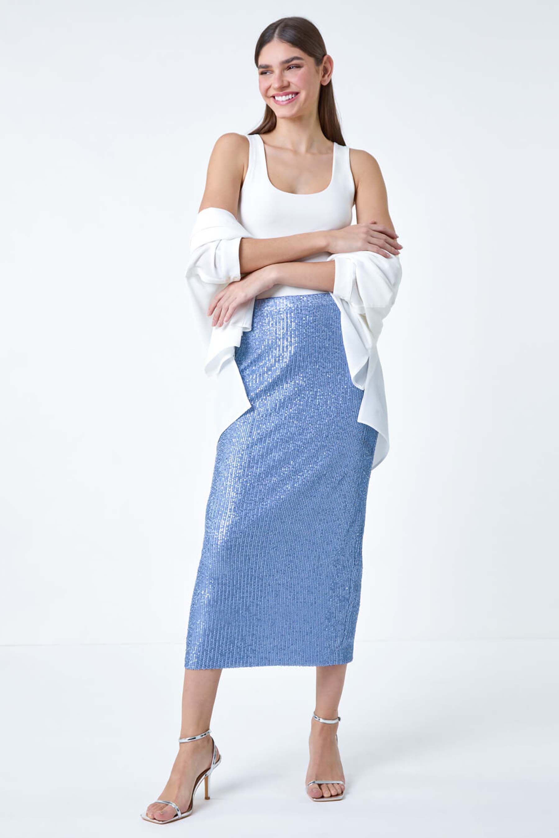 Buy Roman Blue Sequin Sparkle Stretch Midi Skirt from the Next UK online shop