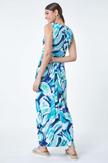 Roman Blue Abstract Print V-Neck Maxi Dress