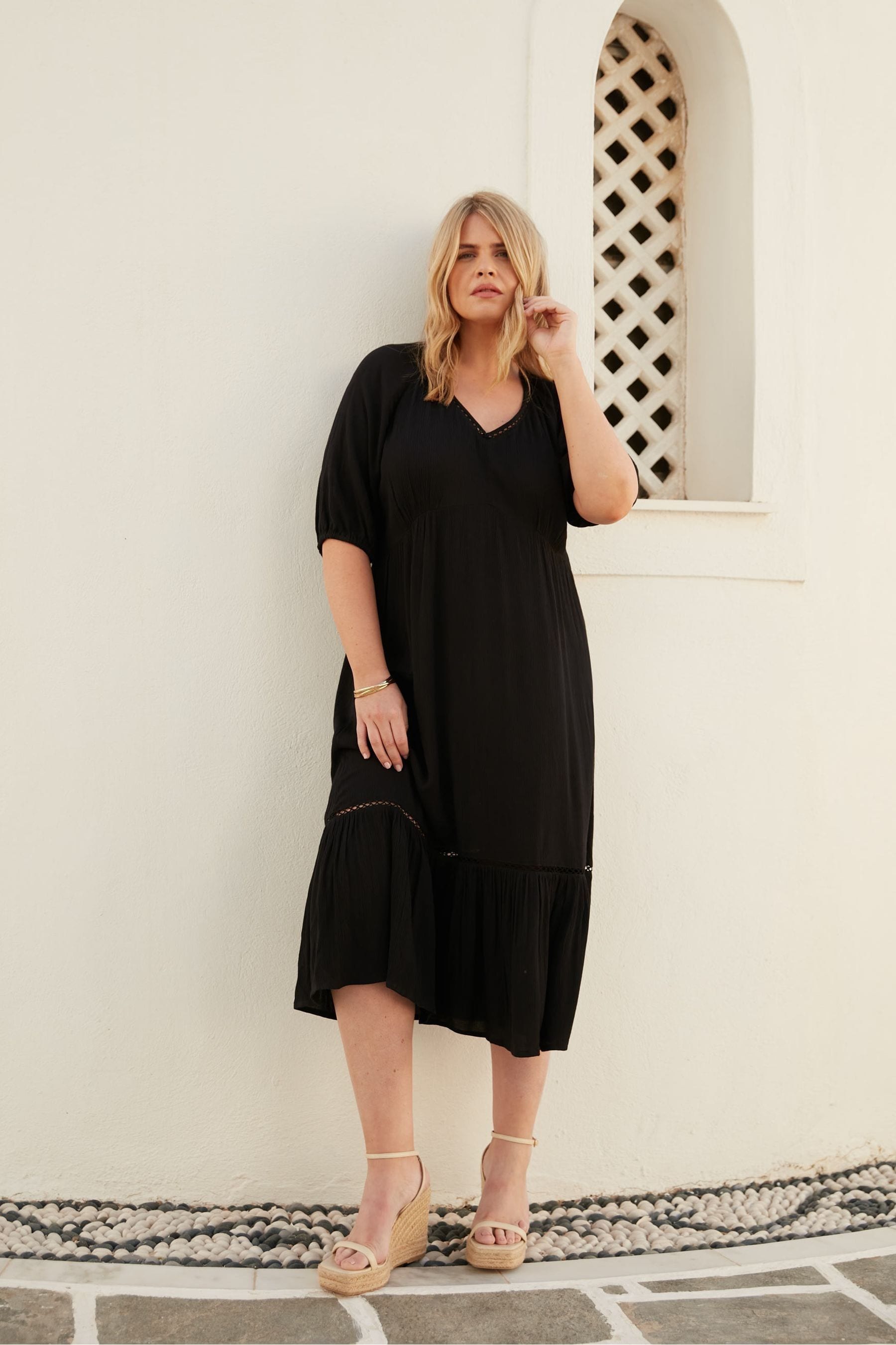 Live Unlimited Black Curve V Neck Tiered Midi Dress