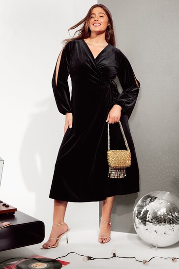 Friends Like These Black Curve Long Sleeve Velvet Wrap Midi Dress