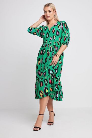 Yours Curve Green Limited Collection Leopard Print Textured Wrap Dress