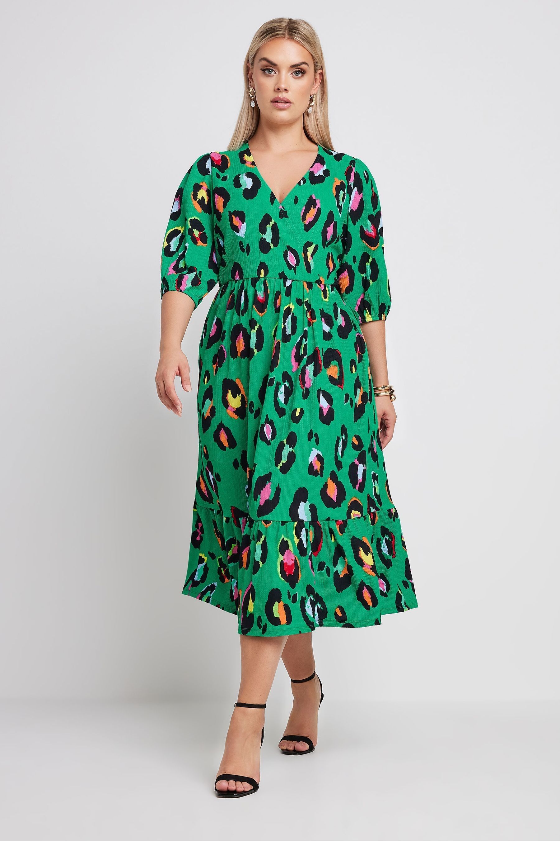 Yours Curve Green Limited Collection Leopard Print Textured Wrap Dress