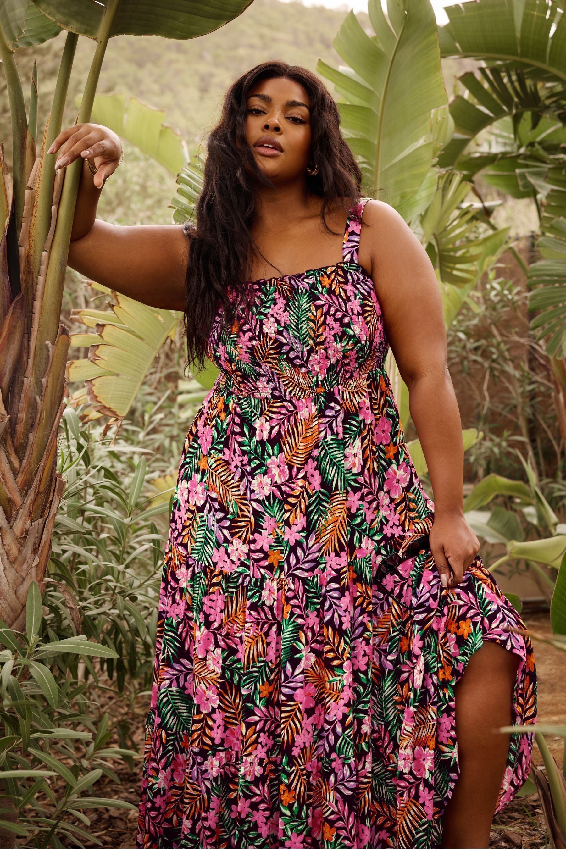 Buy Yours Curve Black Shirred Strappy Tiered Maxi Dress from the Next UK online shop