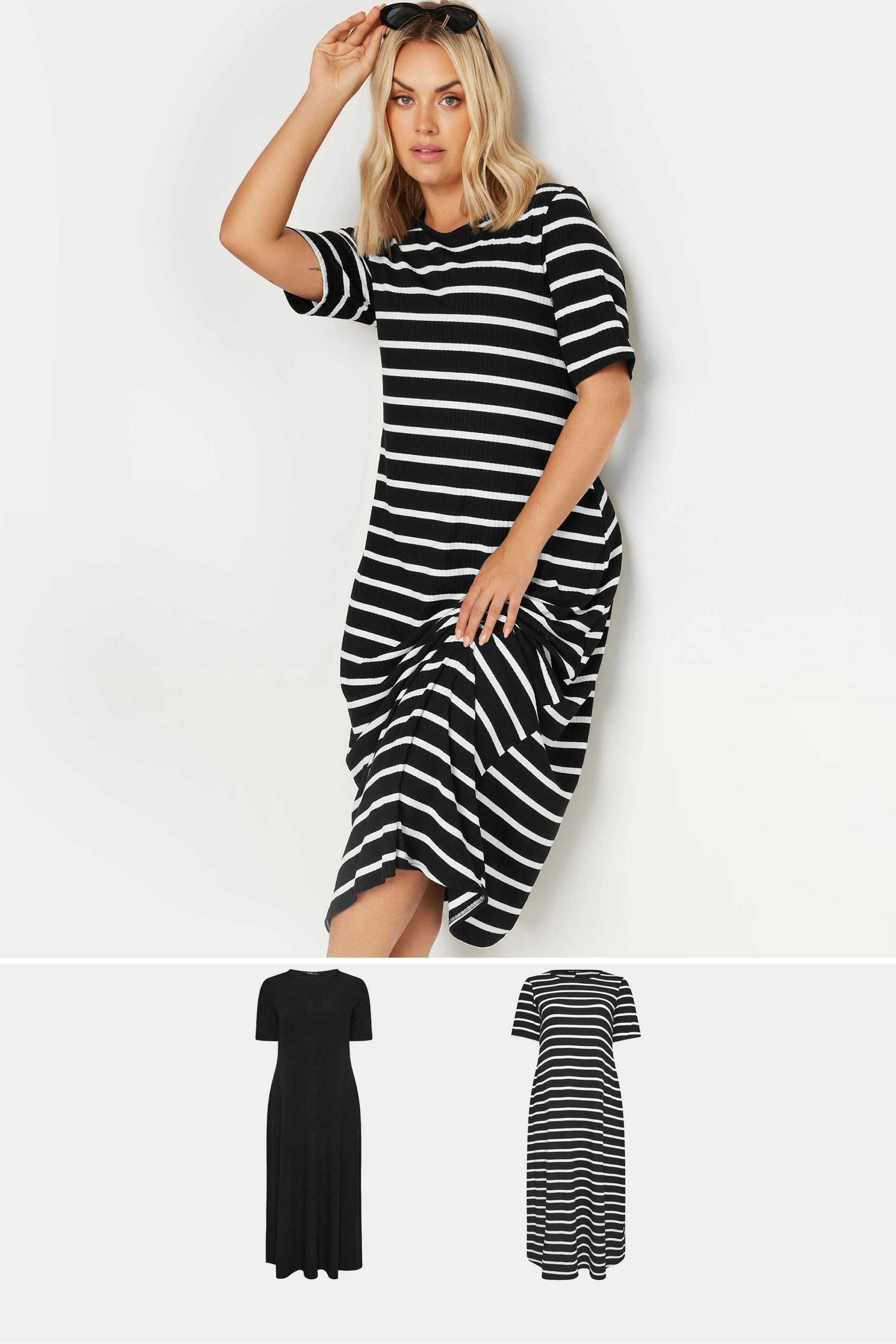 Buy Yours Curve Black White Stripe Ribbed Swing Maxi Dresses 2 Pack from the Next UK online shop
