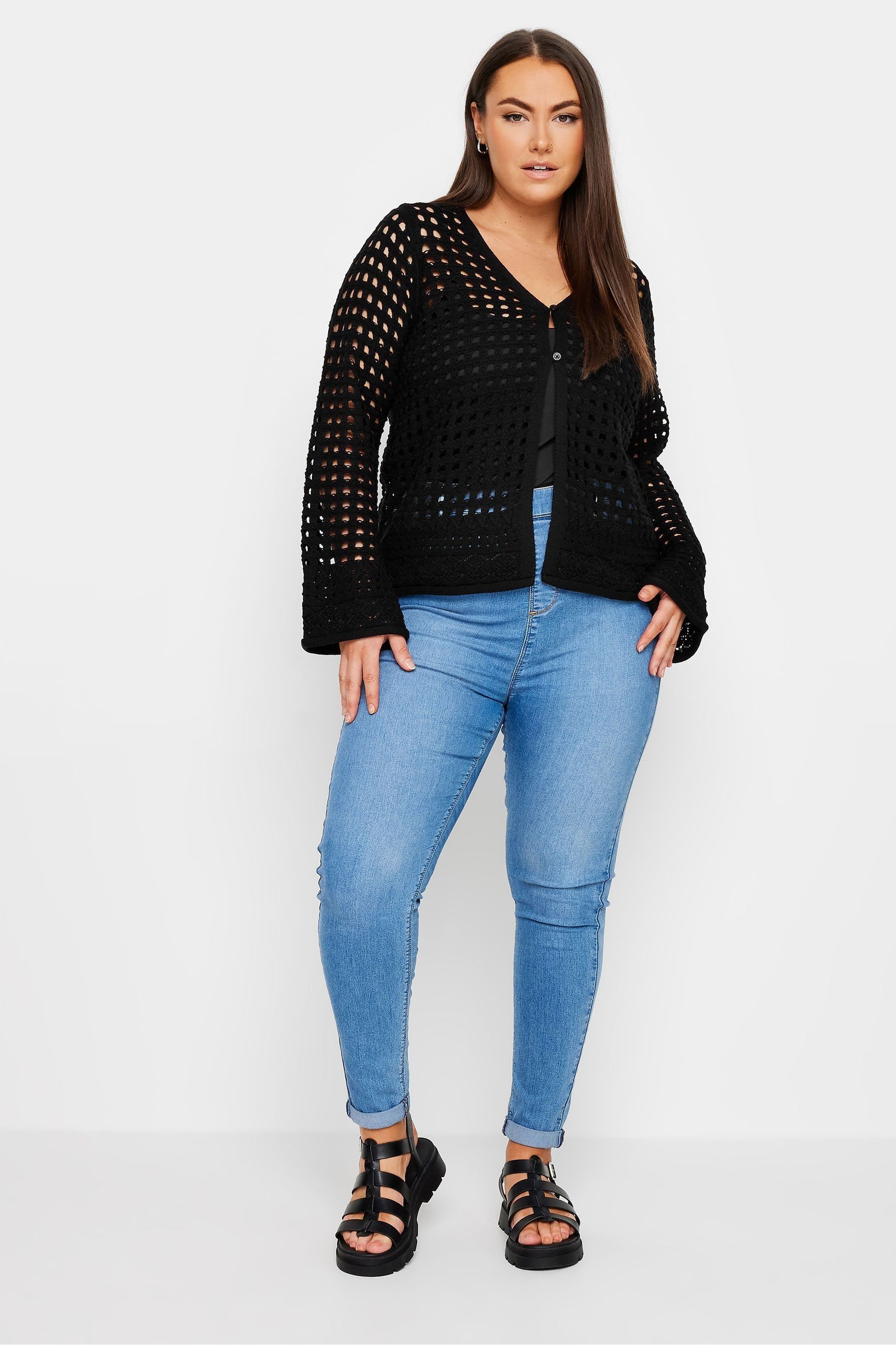 Buy Yours Curve Black Button Through Crochet Cardigan from the Next UK online shop