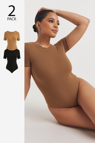 Simply Be Black & Brown Magisculpt Smoothing T-Shirt Bodysuits 2 Pack