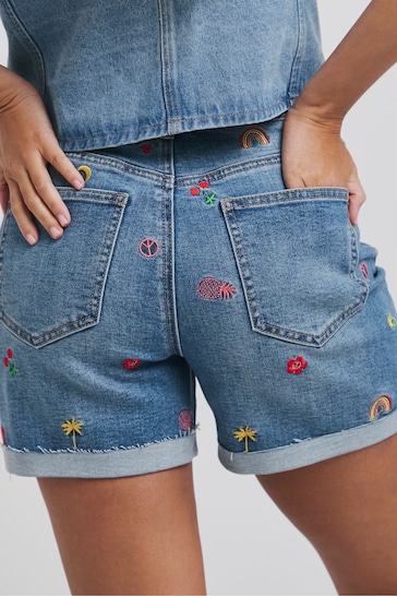 Simply Be Blue Simply Be Embroidered Denim Mom Shorts