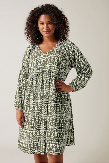 Evans Olive Green Ikat Crinkle Midi organic Dress