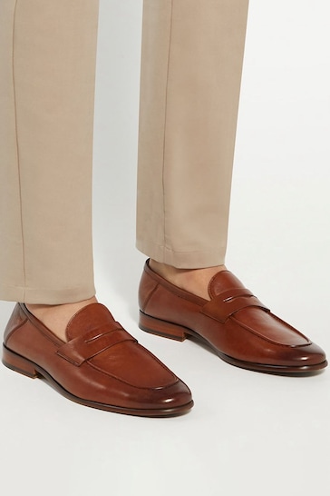 Dune London Brown Strategic Crush Back Leather Loafers