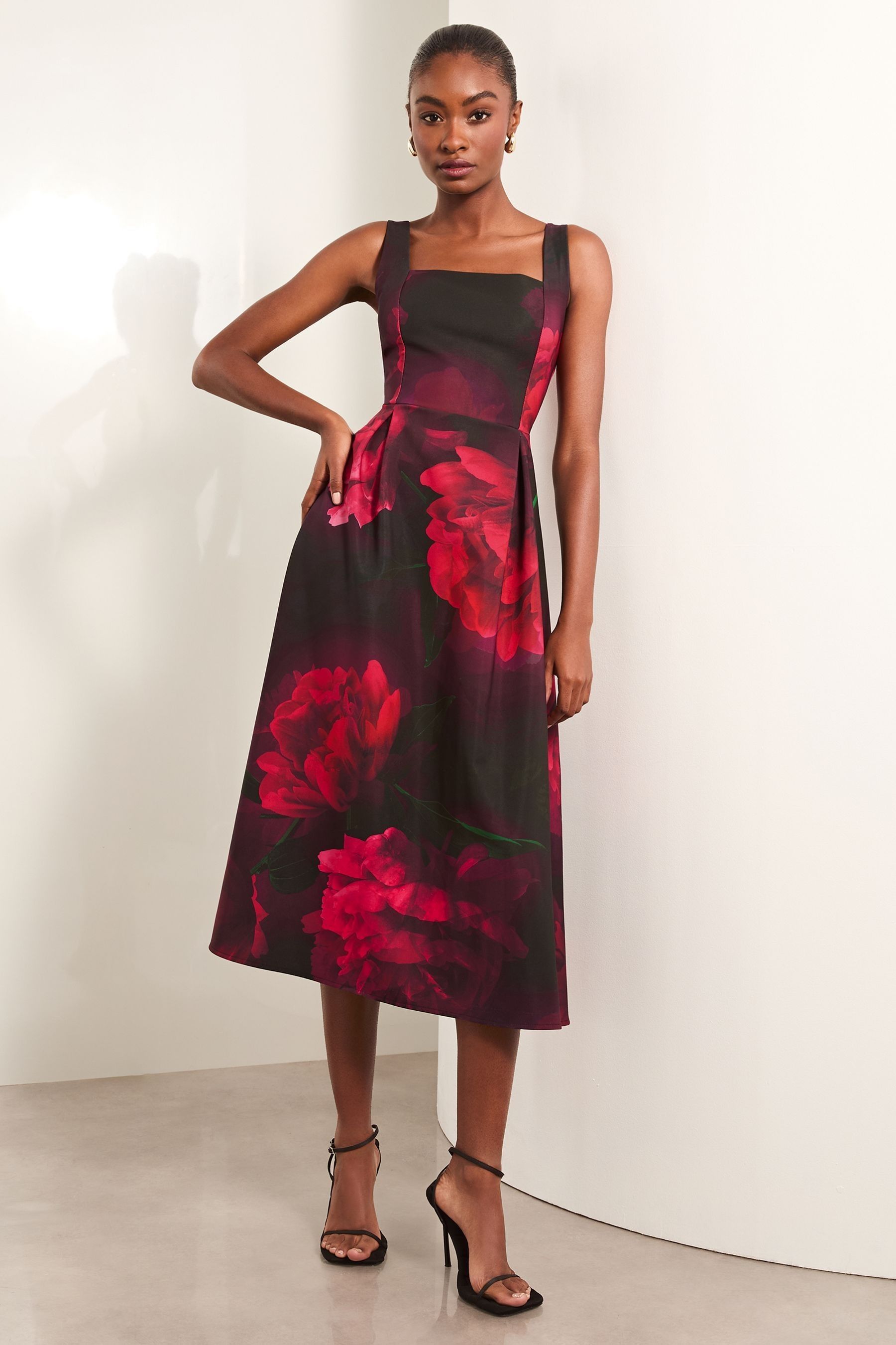 Black and red floral midi dress discount