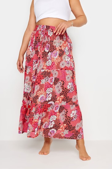 Yours Curve Pink Floral Print Tiered Beach Skirt