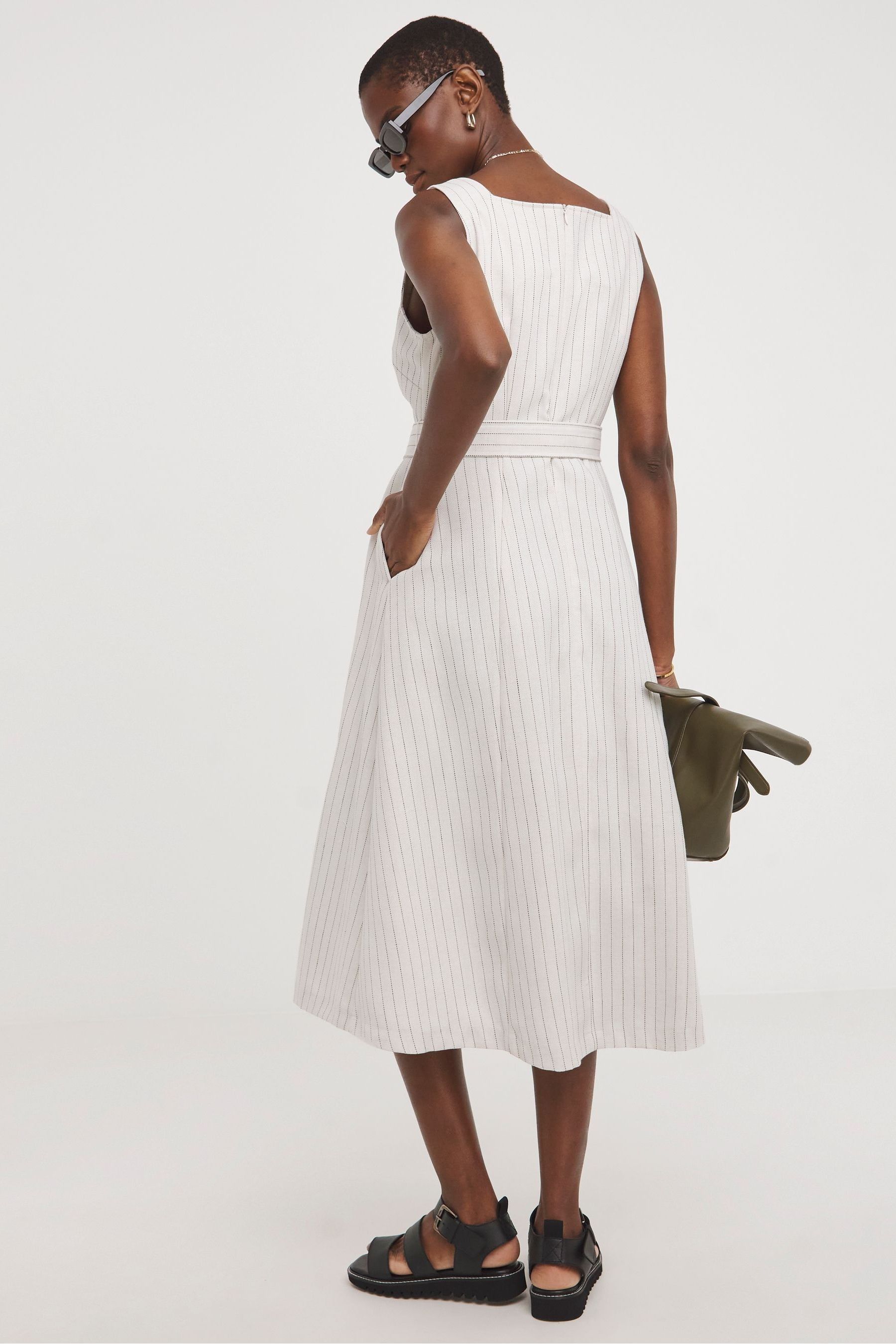 Buy JD Williams White Pinstripe Linen Pinafore Dress With Detachable Belt from the Next UK online shop