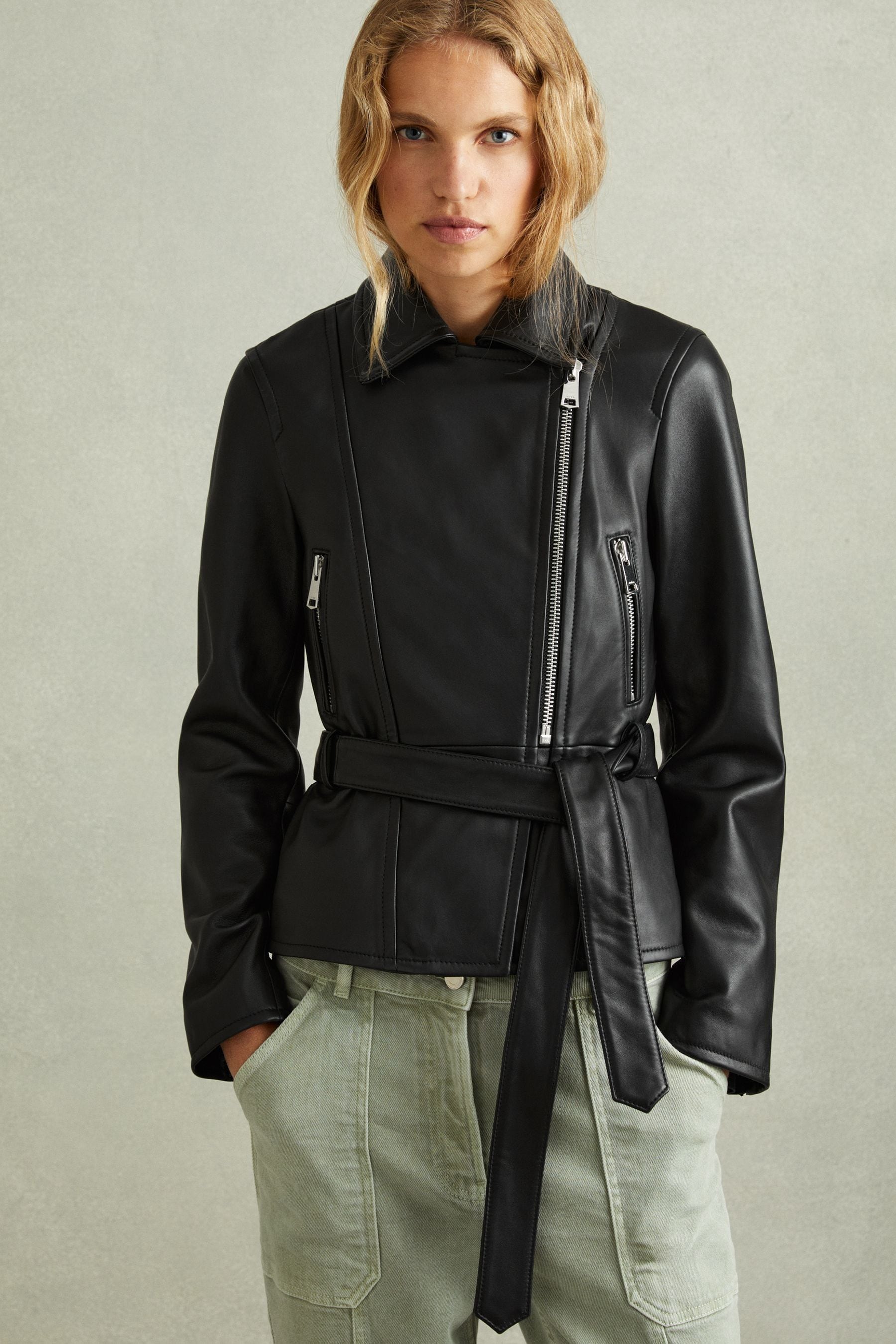 Belted leather jacket womens online