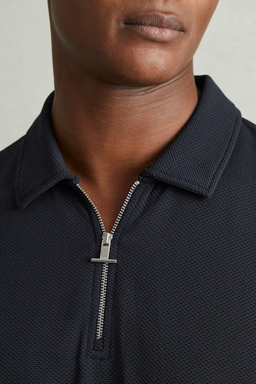 Reiss Navy Albany Textured Zip-Neck Polo Shirt