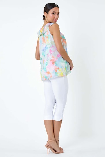 Roman Green Floral Print Ruffle Front Top