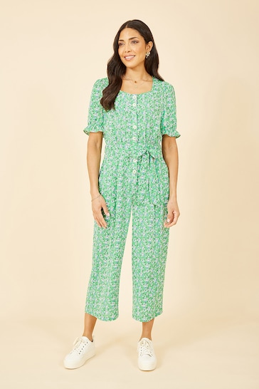 Yumi Green Floral Puff Sleeve Jumpsuit