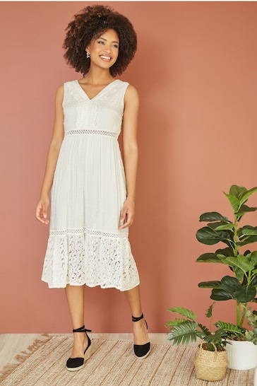 Yumi White Lace And Dobby Cotton Midi Dress