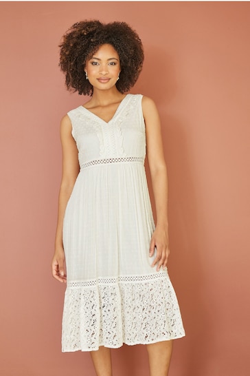 Yumi White Lace And Dobby Cotton Midi Dress