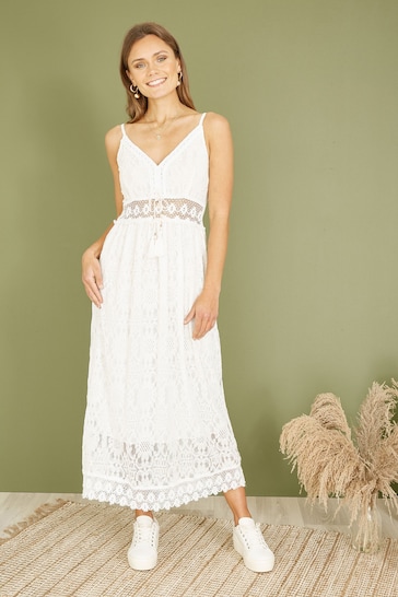 Yumi White Lace Midi Sundress With Tassel Tie and Ruched Back