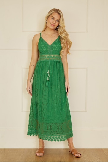 Yumi Green Lace Midi Sundress With Tassel Tie and Ruched Back