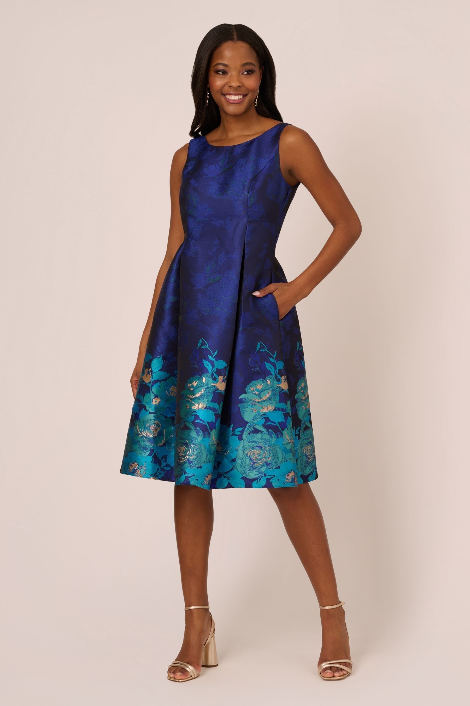 Adrianna Papell Blue Border Jacquard Dress