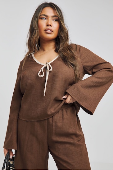 Simply Be Brown Contrast Trim Tie Front Blouse